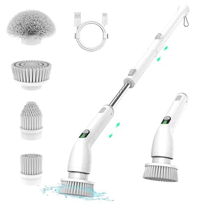 Keimi Electric Spin Scrubber, 2024 New Full-Body IPX7 Waterproof Cordless Bathroom Scrubber with 4 Replaceable Heads, Adjustable Extension Handle, Shower Cleaning Brush for Bathtub, Grout, Tile, Floor
