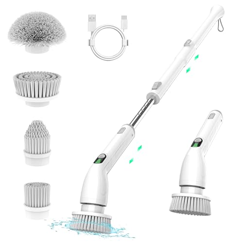 Keimi Electric Spin Scrubber, 2024 New Full-Body IPX7 Waterproof Cordless Bathroom Scrubber with 4 Replaceable Heads, Adjustable Extension Handle, Shower Cleaning Brush for Bathtub, Grout, Tile, Floor