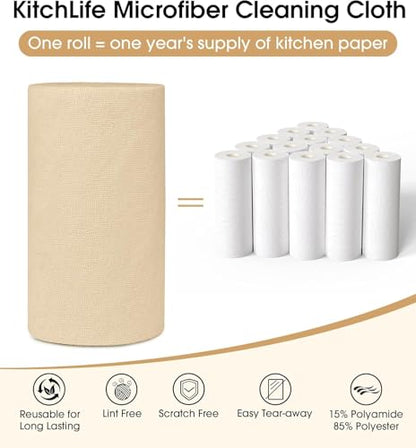 KitchLife Microfiber Cleaning Cloth Roll, 100 Pack - Tear-Away Microfiber Paper Towels, Lint-Free, Reusable, Washable for Kitchen, Car, Dishes, and Sensitive Surfaces (Wheat) - color: Wheat, size: 100 Pack