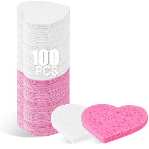 100-Count Compressed Facial Sponges for Estheticians Heart Shape Natural Cellulose Sponge Cosmetic Spa Sponges for Face Cleansing, Massage, Pore Exfoliating, Mask, Makeup Removal, White+Pink - color: 100- Pack White+pink