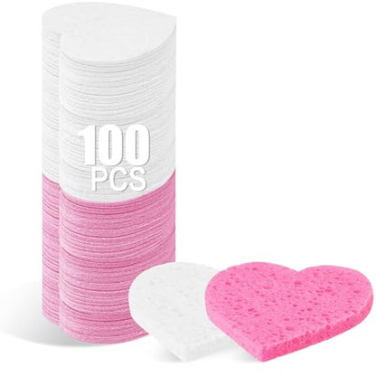 100-Count Compressed Facial Sponges for Estheticians Heart Shape Natural Cellulose Sponge Cosmetic Spa Sponges for Face Cleansing, Massage, Pore Exfoliating, Mask, Makeup Removal, White+Pink - color: 100- Pack White+pink