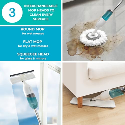 True & Tidy Clean Everywhere Spray Mop Kit - Premium Floor Cleaner with Flat, Round, and Squeegee Mop Heads (White) - color: White
