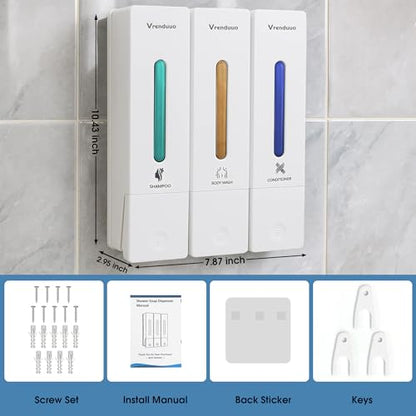 Shampoo and Conditioner Dispenser,Shower Dispenser 3 Chamber No Drill,Shower Soap Dispenser Wall Mounted for Bathroom Hotel with Upgrade Pump Head,3 * 400ml (White 3 Chamber) - color: White 3 Chamber