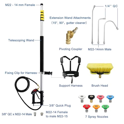 JANZ 24 FT Pressure Washer Telescoping Wand with Power Washer Extension Wands, Brush Head, Gutter Cleaner, 7 Spray Nozzle Tips, 2 Hose Adapters and Support Belt TW-004