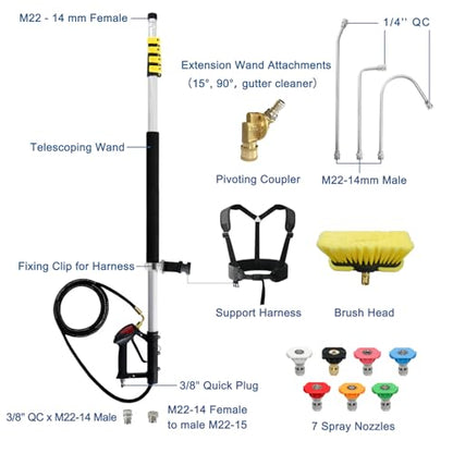 JANZ 24 FT Pressure Washer Telescoping Wand with Power Washer Extension Wands, Brush Head, Gutter Cleaner, 7 Spray Nozzle Tips, 2 Hose Adapters and Support Belt TW-004