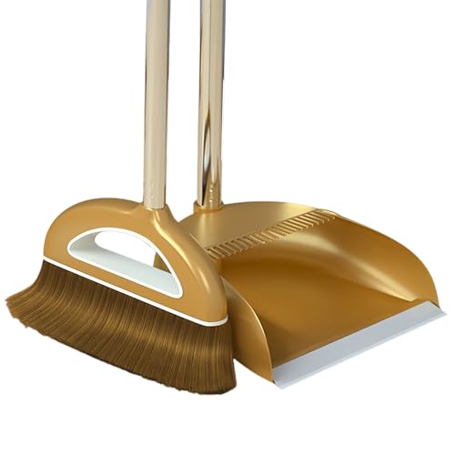 Long Handled Broom and Dustpan Set, 88cm Indoor Broom with Dustpan Combo Set, Durable & Versatile, Long Handle with Upright Stand for Home, Office, School Accessory for Kitchen, Dorms, Bathroom - color: Gold
