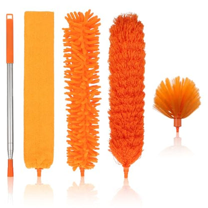 Cobweb Duster with Extension Pole, 4-in-1 Washable Cleaning Duster Kit, 15-100 Inch Long Telescoping Pole, Bendable Design for High Ceiling Fans Furniture, Microfiber Webster Remover Tools
