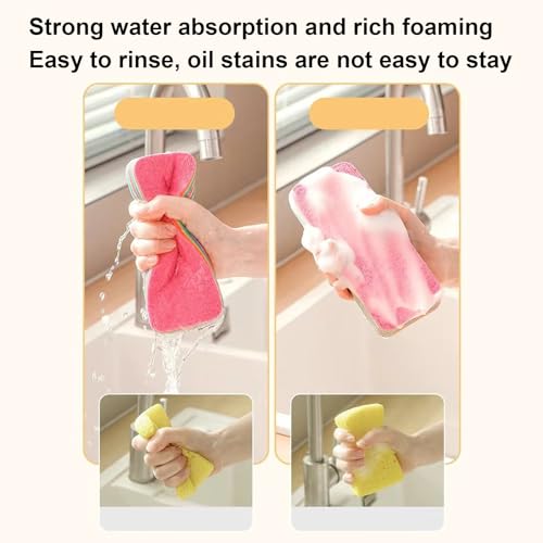 Multi-Layer Sponge Cloth, Microfiber Material, Pink, Peelable Sponge, Absorbent Scrubber, Compact Design, for Kitchen Bowl Dish Pot Household Bathroom Window - color: 17×7×2.2cm