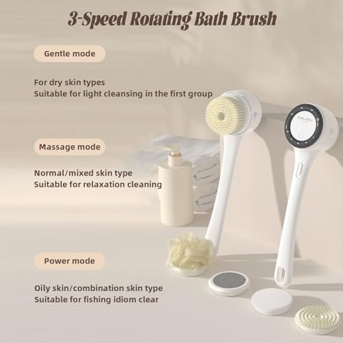Electric Body Brush, 3 Speed Silicone Body Scrubber with LCD Display, 5in1 Back Scrubber for Shower, Waterproof Rotating Body Brushes, Rechargeable Bath Brush for Clean Exfoliate Massage (White) - color: White
