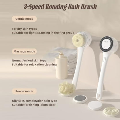 Electric Body Brush, 3 Speed Silicone Body Scrubber with LCD Display, 5in1 Back Scrubber for Shower, Waterproof Rotating Body Brushes, Rechargeable Bath Brush for Clean Exfoliate Massage (White) - color: White
