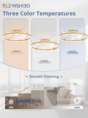 ZMISHIBO 24 Inch Ceiling Fans with Lights and Remote, Modern Low Profile Ceiling Fan, 3000-6000K Dimmable Flush Mount LED Fan Light, 6 Wind Speeds, Fandelier Ceiling Fans for Bedroom- Gold - color: Gold, size: 24 INCH