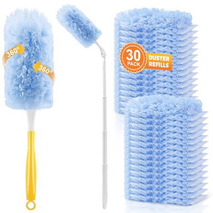 30-Pack Heavy Duty Duster Refills Compatible with Swiffer, 3FT Extendable Handle, 5X Multi-Surface Microfiber Duster for Home, Fans, Blinds, Vents & Car Cleaning