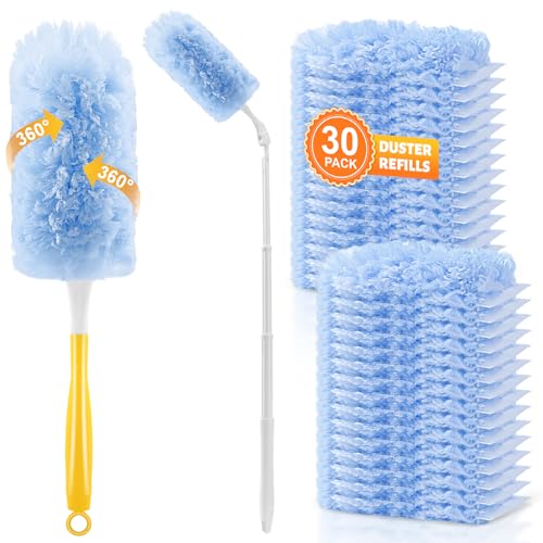 30-Pack Heavy Duty Duster Refills Compatible with Swiffer, 3FT Extendable Handle, 5X Multi-Surface Microfiber Duster for Home, Fans, Blinds, Vents & Car Cleaning