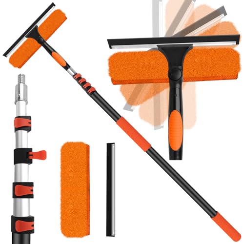 26FT High Window Cleaning Kit with Pole,2 in 1 Window Squeegee,5-20FT Professional Window Clean Pole Kit(2 Squeegee & 2 Microfibre Cloths),180°Rotatable Squeegee for Indoor/Outdoor High Windows - color: 10.65in Squeegee, size: 20FT(Reach 26ft)