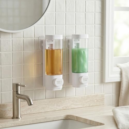 Junkin 4 Pcs Manual Bathroom Wall Mounted Soap Dispenser, 300ml White Kitchen Bathroom Commercial Shower Clear Refillable Soap Dispenser Clear Plastic Refillable Liquid Lotion Pump and Organizer - color: White