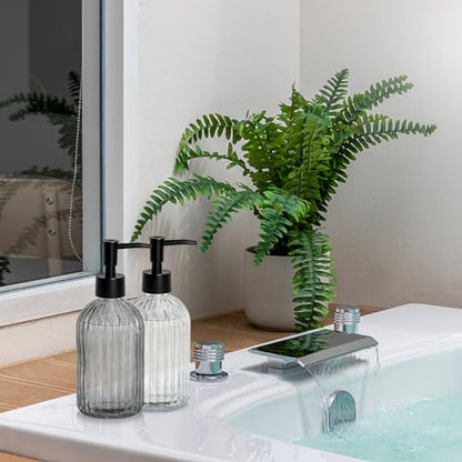 Black & Clear Glass Soap Dispenser with Plastic Pump, 13.5oz Vertical Stripe Design Hand Soap Dispenser for Dish Wash, Refillable Lotion Dispenser for Bathroom and Kitchen - color: Transparent Black & Clear