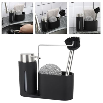 Artibetter 4 in 1 Cooking and Bathroom Storage Shelf with Soap Dispenser Set, Stainless Steel and Resin Cleaning Rack, Space-Saving Holder for Long Time Use in Black