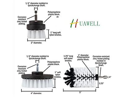HUAWELL 8 Piece Soft White Drill Brush with Extend Attachment Set-Car Interior Detailing Kit, All Purpose for Car, Boat, Seat, Carpet, Upholstery, Bathroom, Grout, Floor and Tile (White) - color: White