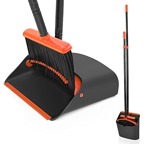 Broom and Dustpan Set for Home, JEHONN Long Handle Lightweight Indoor Broom Set Heavy Duty, Upright Standing Dust Pan with Comb Teeth Store Sweep Set for Room Kitchen Office Lobby - color: Black