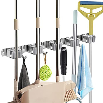 Mop and Broom Holder Wall Mount, Broom Hanger Wall Mount, 17" Mop Holder Stainless Steel with 5 Rack 4 Hooks for Home, Kitchen, Laundry Room, Garage, Garden, Bathroom, and 1 hook Separated included