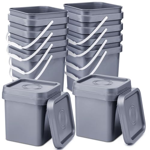Suzile 10 Pcs Food Grade Square Bucket with Lid 1 Gallon Plastic Bucket 4.5L Utility Industrial Pail with Handle Container for Food Oil Tub Water Fishing Paint House Cleaning Car Washing(Grey) - color: Gray