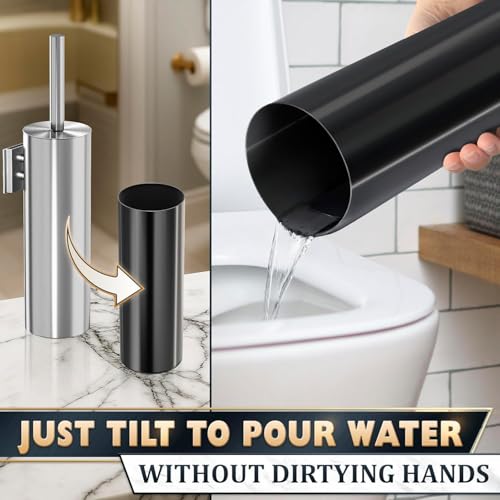Silver Modern Toilet Brush and Holder Set with Wall Mount - Stainless Steel Toilet Brush with Holder - Removable Inner Bowl, Shiny Design, Splash Protection & Dense Bristles for Bathroom Cleaning - color: Silver Wall-mounted