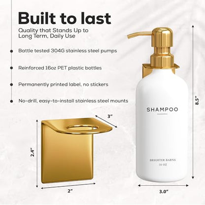 Luxury Shampoo and Conditioner Dispenser Set Wall Mounted by Brighter Barns - Refillable Shampoo and Conditioner Bottles - Shower Dispenser 3 Chamber No Drill - White and Gold Bathroom Decor (Gold) - color: Modern (Gold)