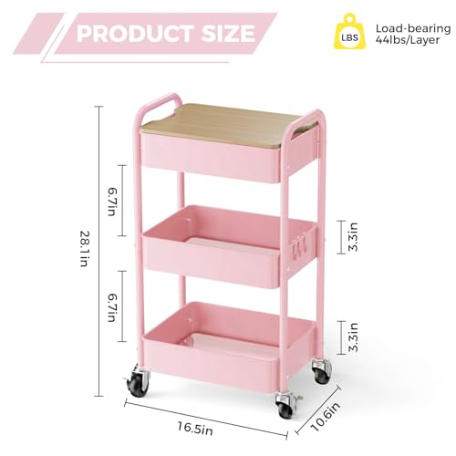 3 Tier Rolling Cart with Table top, Metal Rolling Utility Cart, Sturdy Storage Organizer Cart with Locking Wheels & Hooks for Office, Classroom, Kitchen and Bathroom，Pink - color: Pink
