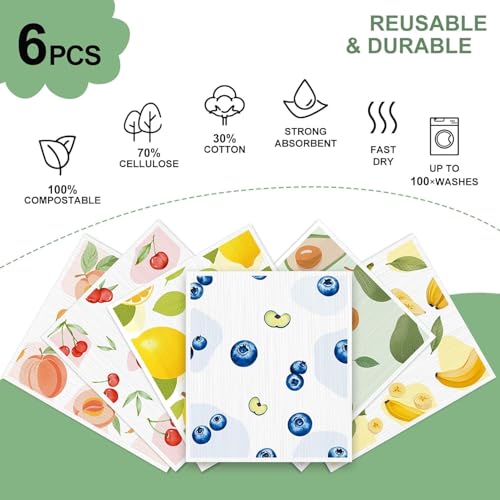 Swedish Dishcloths for Kitchen - 6 Pack Reusable Paper Towels, Non-Scratch Cellulose Cloths, No Odor, Biodegradable Cleaning Cloths - color: Fruits