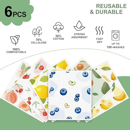 Swedish Dishcloths for Kitchen - 6 Pack Reusable Paper Towels, Non-Scratch Cellulose Cloths, No Odor, Biodegradable Cleaning Cloths - color: Fruits