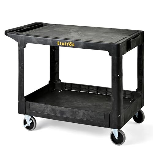ELAFROS Large Heavy Duty Plastic Utility Cart Flat top 42.5 x 25 Inch - Work Cart Flat Shelves and Full Swivel Wheels Holds up to 550 lbs - 2 Tier Service Cart for Warehouse,Garage, Cleaning Black