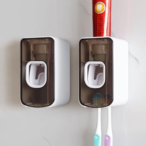 2 Slot Toothbrush Holder and Toothpaste Dispenser Wall Mounted, Automatic Toothpaste Squeezer, 2 in 1 Tooth Brush Toothpaste Organizer for Shower (Grey 2Pack) - color: Grey, size: 2