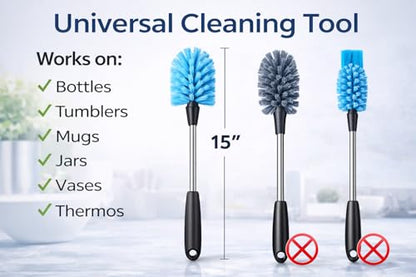 SEQ Bottle Brush Set 2 Pack – Long Handle Water Bottle Cleaning Brush with Stainless Steel Handle & Small Detail Brush, Nylon Bristles for Narrow Neck Bottles, Sports Bottles, Tumblers & Baby Bottles