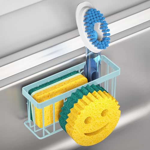 MURLONG Sponge Holder Smiley Face,Sink Caddy for Kitchen Sink,Sponge Holder with 2 PCS Suction Cups/1 PCS Adhesive Strips,Designed for Sponge,Soap,Dish Brush,Scrubber-Blue - color: Blue
