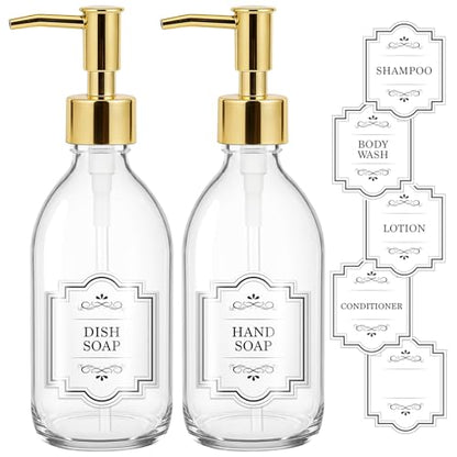 8 oz Clear Glass Pump Bottle, 250ml Small Lotion Dispenser Bottle for Body Massage Oil, Refillable Empty Hand and Dish Soap Dispensers Set with Plastic Golden Pump, Labels - 2 Pack - color: Clear With Golden Pump