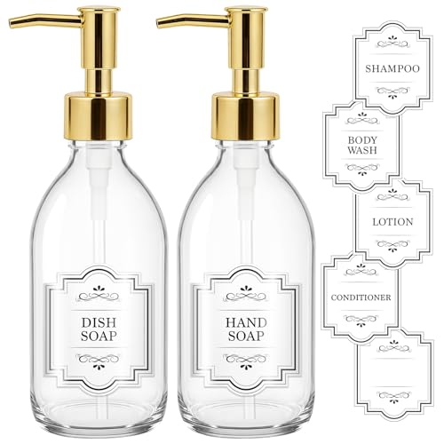 8 oz Clear Glass Pump Bottle, 250ml Small Lotion Dispenser Bottle for Body Massage Oil, Refillable Empty Hand and Dish Soap Dispensers Set with Plastic Golden Pump, Labels - 2 Pack - color: Clear With Golden Pump