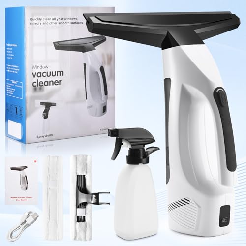 Window Vacuum Squeegee Cordless, Handheld Window Vac with Multi-Purpose Spray Bottle & Microfiber Cloth, Electric Cleaning Tool for Windows, Mirror, Countertop