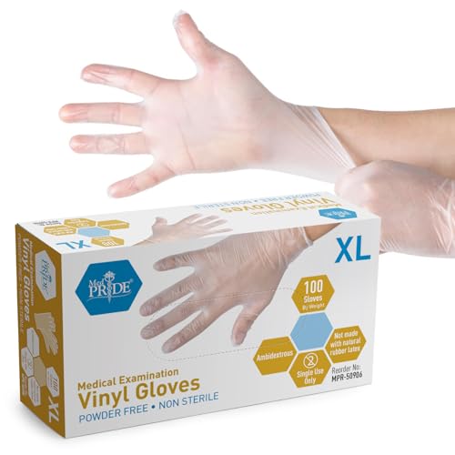 MED PRIDE Disposable Medical Grade Vinyl Exam Gloves, Latex & Powder Free, Ultra-Strong, for Healthcare & Food Handling (X-Large (Pack of 100) 100 Clear) - size: X-Large (Pack of 100)