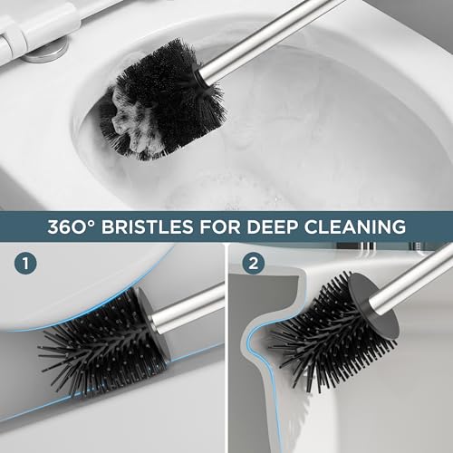 FORIOUS Toilet Brush and Holder Set, SUS304 Stainless Steel Square Base, Extended Long Handle, Drip-Proof & Space Saving, 2 Replaceable Brush Heads, Plastic & Silicone Dual Brush Head, Brushed Nickel - color: Brushed Nickel