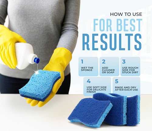 Blue Scrub Sponges Pack of 6 – Dual-Sided Kitchen Sponges for Cleaning – Non Scratch for Dishes, Bathroom, Surfaces – Durable Dishwashing Sponge