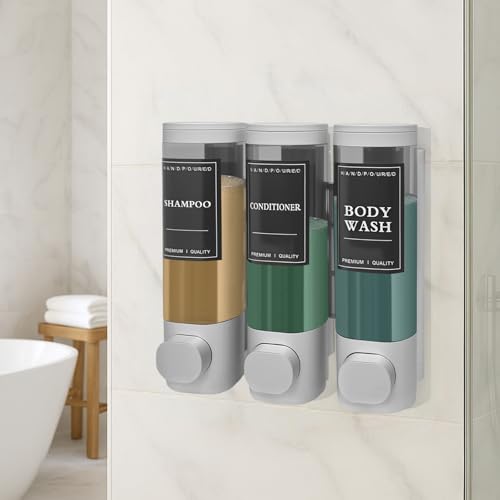 3-Chamber Wall Mount Shower Dispenser - No-Drill Adhesive or Drill Mount - Refillable Shampoo, Conditioner & Body Wash Dispenser for Home, RV & Hotel - Eco-Friendly & Compact (Silver) - color: Silver