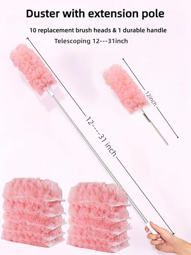 Heavy Duty Duster Refills, Disposable Dusters Kit for Cleaning Dusting Furniture Blind Ceiling Fan, Multi Surface 360 Feather Duster(10)+3FT Extended Handle（1） (Pink) - color: Pink