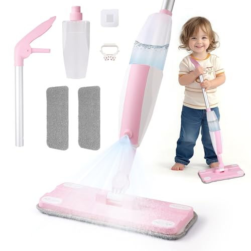 Hilsoeet Kids Spray Mop Pink, Real Working Water-Spraying Toy, Montessori Mini Mop with 2 Microfiber Washable Pads, Toddler Cleaning Set for Floor, Christmas Birthday Gifts for Age 3 4 5 6 7 8 - color: Pink