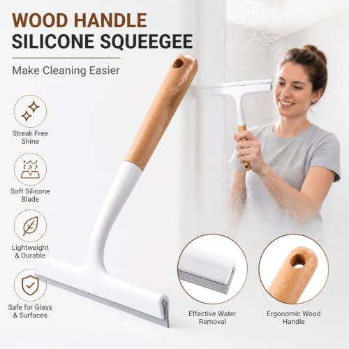 Silicone Shower Squeegee, Wooden Handle Glass Squeegee, Multi-Purpose Window Squeegee for Cleaning Glass Door, Tile Wall, Kitchen Countertop with Stainless Steel Hook & Plastic Squeegee Board