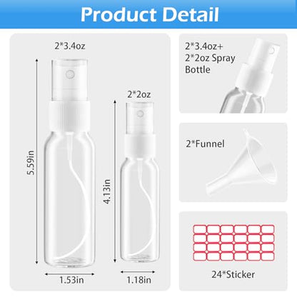 Zoizocp Spray Bottles, 2oz/50ml, 3.4oz/100ml Clear Empty Fine Mist Plastic Mini Travel Bottle Set, Small Refillable Liquid Containers with 2pcs Funnels and 24pcs Labels (4 Pack) - color: 4pcs-Clear（BPA+TSA）-2oz+3.4oz