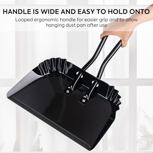 17In Extra Large Dust pan and Brush Set,Commercial Heavy-Duty Dust Pans and Wood Broom,Clip on Dust Pan Metal Edge Flat Against Floor for Patio/Pet/Car/Outdoor-Rubber Coated Easy to Grasp Handle