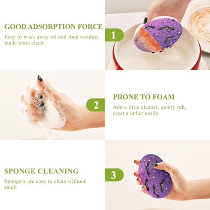Bats Flying on Purple Background Dish Scrub Sponges Kitchen Halloween Non Scratch Reusable Compressed Cellulose Sponge Hanging for Household Cleaning Washing Dishes Pots and Pans 3 Pack - color: Pattern16