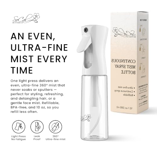 Continuous Spray Bottle for Hair – Slim Design - Fine Mist Water Sprayer for Hairstyling, Curly Hair – Refillable Mister Bottle with 360 Spray – Travel Size Hair Water Bottle
