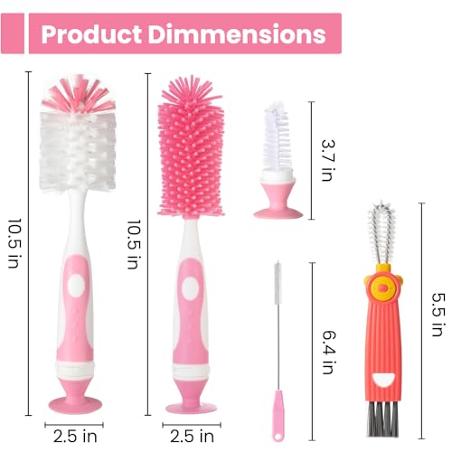Ariseno 5-in-1 Baby Bottle Brush Set, Including Nylon and Silicone Bottle Brush, Cap, Straw, Nipple Brushes, BPA-Free (Pink) - color: Pink-nylon Silicone