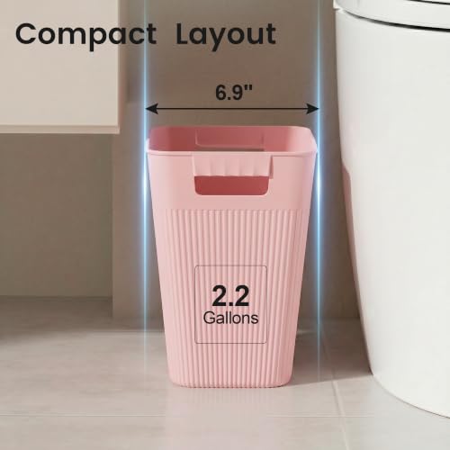 JOYMOOP Slim Trash Can 3-Pack, 2.2 Gallon Plastic Wastebasket for Bathroom, Bedroom, Office, Kitchen with 4 Rolls Bags, Pink - color: Pink, size: 3 pcs Waste Baskets+ 4 Rolls of Trash Bags